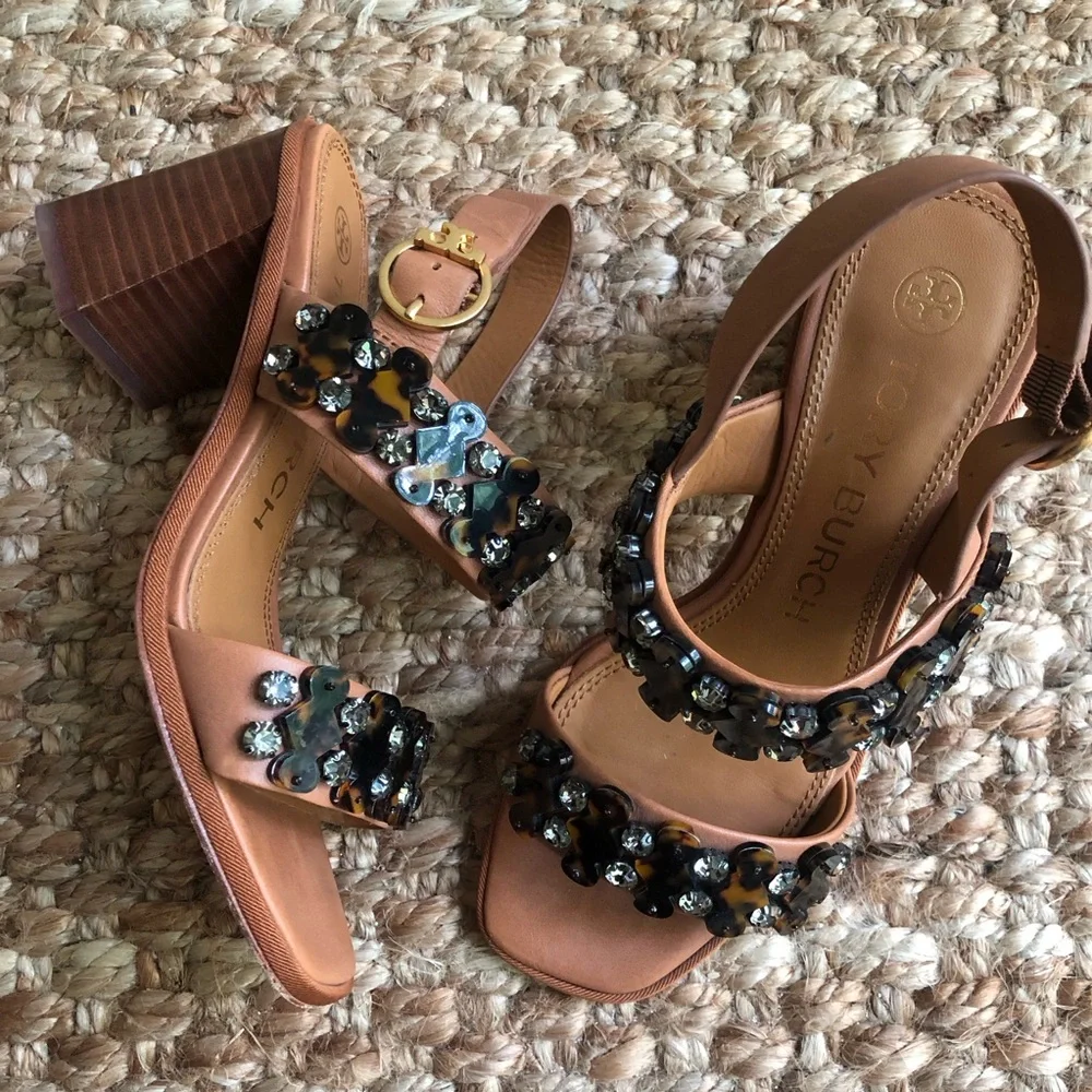 Tory Burch Delaney Embellished Heeled Sandal. Calf Leather. Size 6.5